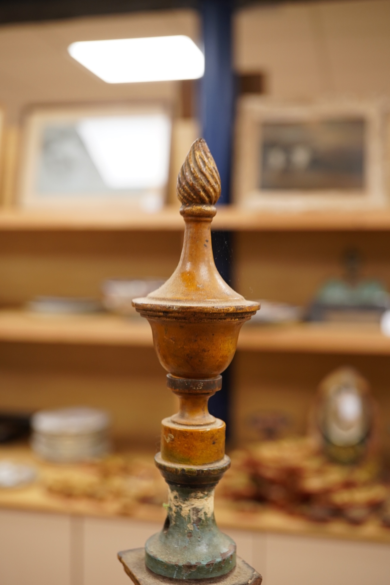 A brass ‘oil lamp’ lamp base and a polychrome painted wood pillar, 75cm